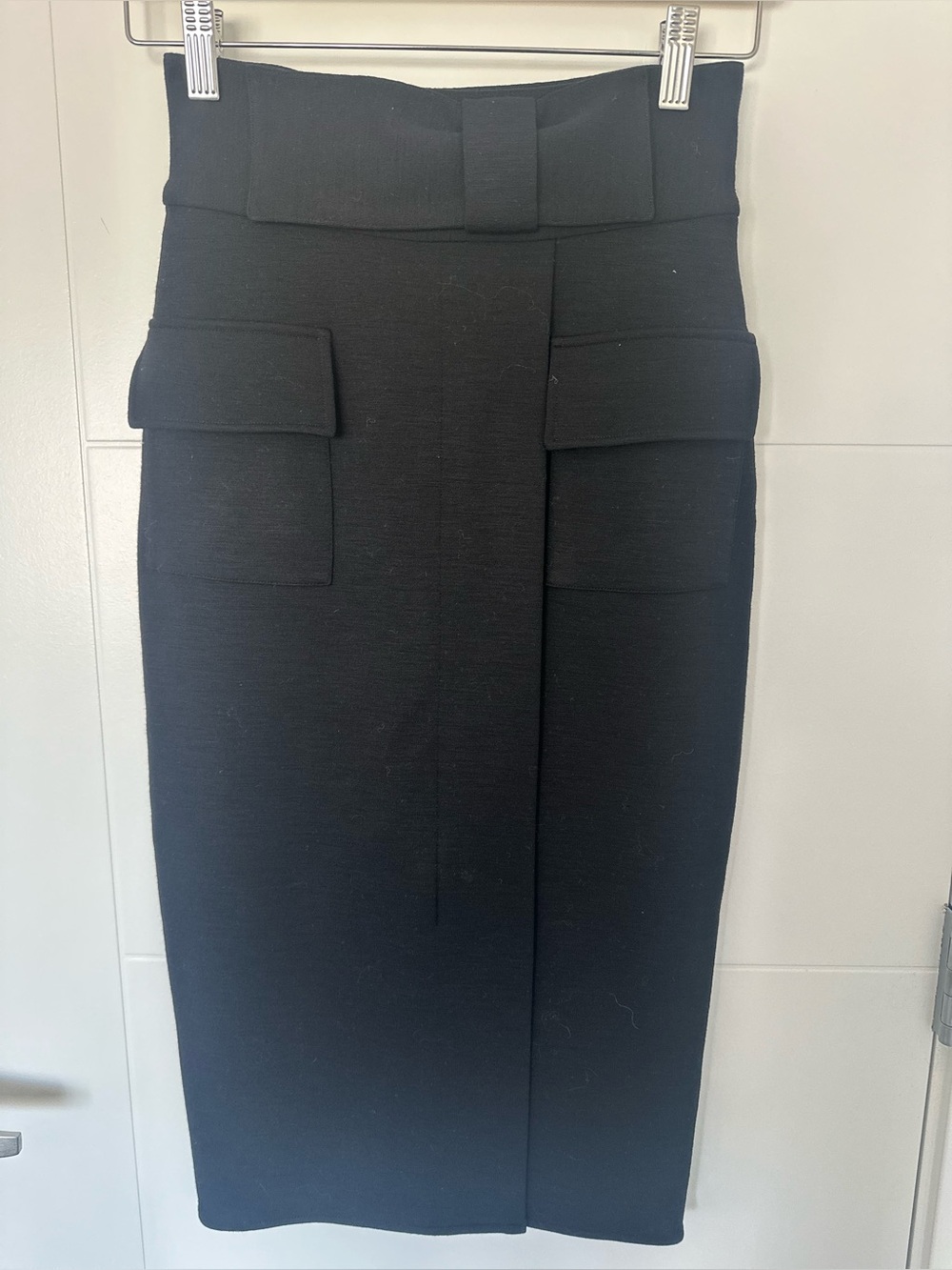Diane Von Furstenberg Wool Black High-Waist Pencil Skirt with Flap Pockets